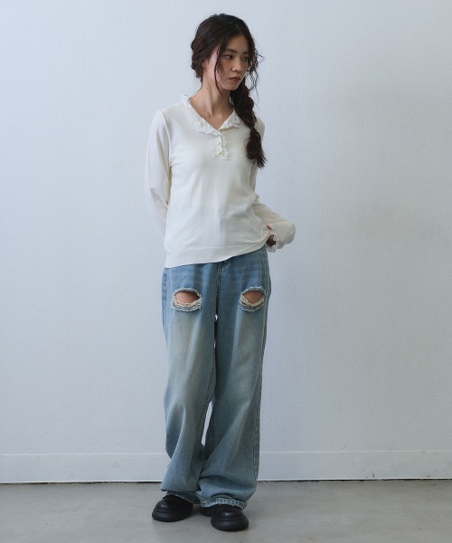 Clum(クルム)の「pearl button lace trim knit top / パールボタンレーストリムニットトップス(Tシャツ/カットソー・レディース・ホワイト/ブラック・FREE)」の16枚目の写真