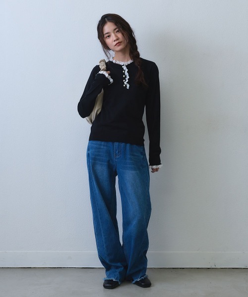 Clum(クルム)の「pearl button lace trim knit top / パールボタンレーストリムニットトップス(Tシャツ/カットソー・レディース・ホワイト/ブラック・FREE)」の20枚目の写真