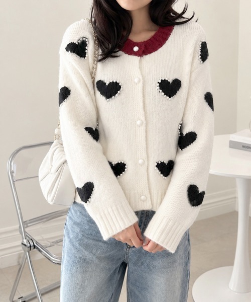 Miniministore(ミニミニストア)の「パールハート柄ニットカーディガン長袖配色(カーディガン/ボレロ・レディース・グレー/オフホワイト・FREE)」の1枚目の写真