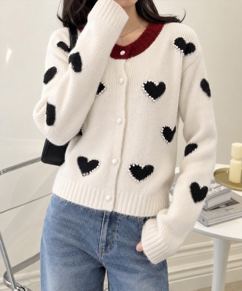 Miniministore(ミニミニストア)の「パールハート柄ニットカーディガン長袖配色(カーディガン/ボレロ・レディース・グレー/オフホワイト・FREE)」の16枚目の写真