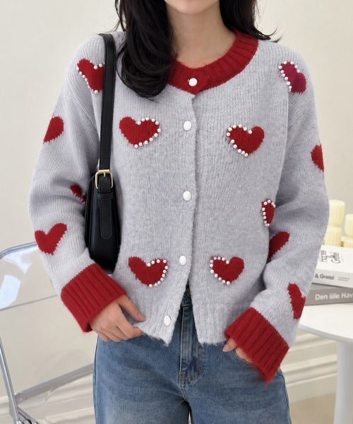 Miniministore(ミニミニストア)の「パールハート柄ニットカーディガン長袖配色(カーディガン/ボレロ・レディース・グレー/オフホワイト・FREE)」の22枚目の写真