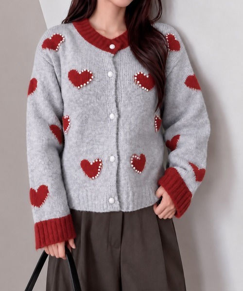 Miniministore(ミニミニストア)の「パールハート柄ニットカーディガン長袖配色(カーディガン/ボレロ・レディース・グレー/オフホワイト・FREE)」の6枚目の写真