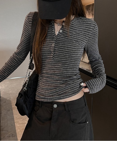 Bifrost(ビフレスト)の「ボタン付きボーダーカットソー(Tシャツ/カットソー・レディース・キャメル/ダークグレー/グレー・FREE)」の14枚目の写真