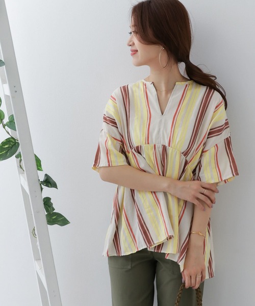 セール】カラーストライプウエストギャザーブラウス∴（シャツ
