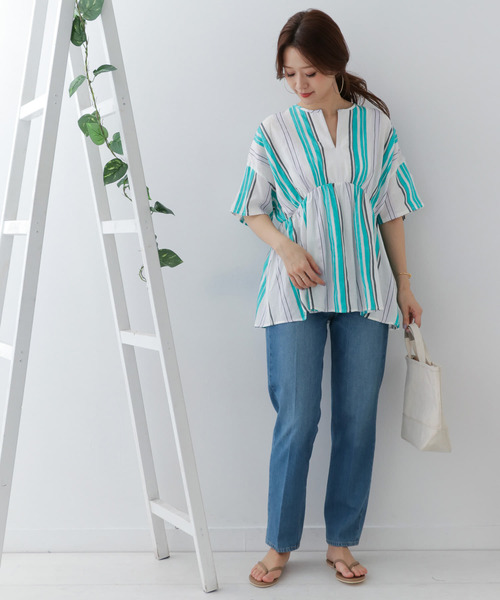 セール】カラーストライプウエストギャザーブラウス∴（シャツ