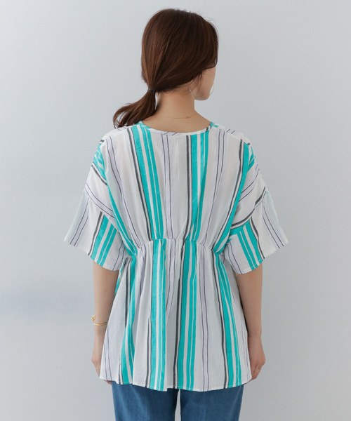 セール】カラーストライプウエストギャザーブラウス∴（シャツ