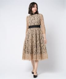 Lace Ladies | 花柄総レースミモレ丈フレアワンピース･ドレス(ドレス)