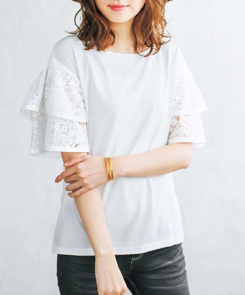 GeeRA（ジーラ）の「袖レースフレアートップス（Tシャツ/カットソー・レディース・ブラック/オレンジ/オフホワイト・MEDIUM/LARGE/SMALL/X-LARGE）」の2枚目の写真