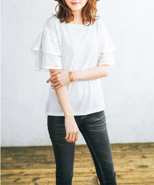 GeeRA（ジーラ）の「袖レースフレアートップス（Tシャツ/カットソー・レディース・ブラック/オレンジ/オフホワイト・MEDIUM/LARGE/SMALL/X-LARGE）」の4枚目の写真