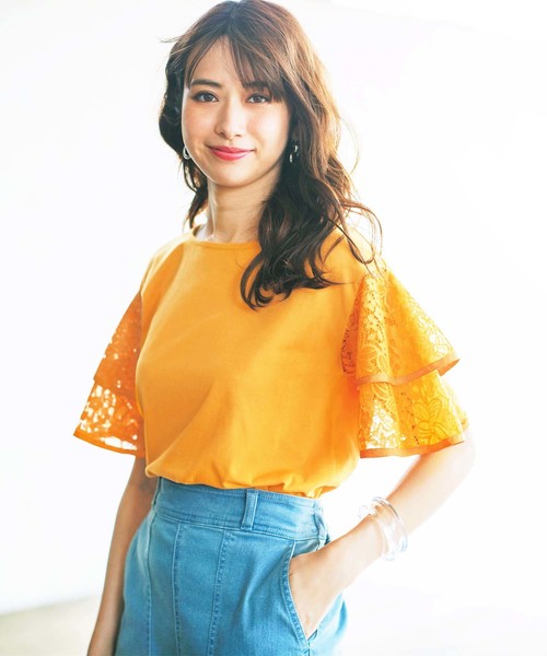 GeeRA（ジーラ）の「袖レースフレアートップス（Tシャツ/カットソー・レディース・ブラック/オレンジ/オフホワイト・MEDIUM/LARGE/SMALL/X-LARGE）」の7枚目の写真