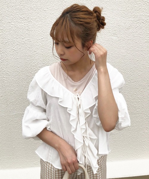 one after another NICE CLAUP（ワンアフターアナザーナイスクラップ）の「コットンフリル羽織り（シャツ/ブラウス・レディース・オフホワイト/イエロー系その他/ピンクベージュ・FREE）」の6枚目の写真