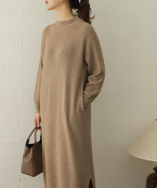 【エースアンドレア】美品♡ニットワンピース モックネック ロゴ 168S カーキ セール】畦モックネックニットワンピース∴（ワンピース）｜URBAN