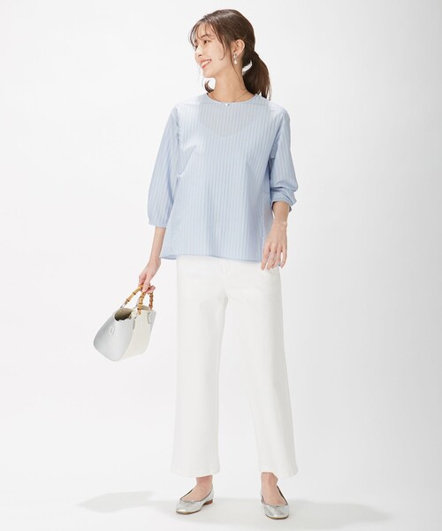 J.PRESS Ladies(J.プレス レディス)の「ストライプジャージー クルーネック カットソー(Tシャツ/カットソー・レディース・サックスブルー系1/サックスブルー系2/ホワイト系1/ブラウン系2・SMALL)」の5枚目の写真
