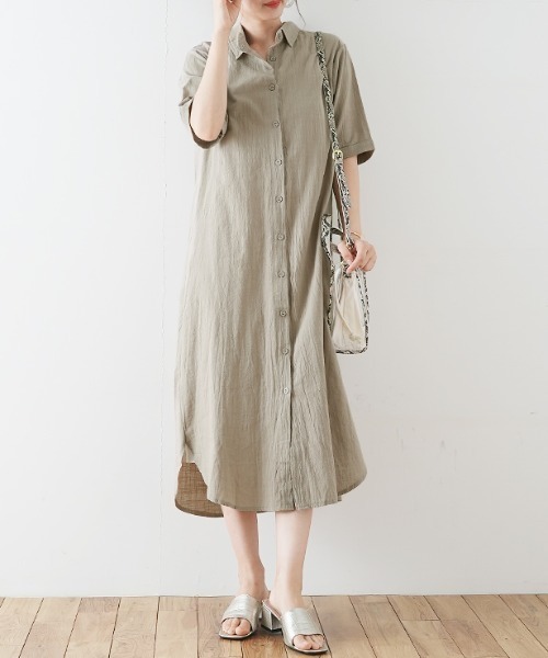 Futier land(フューティアランド)の「ハーフスリーブ開襟シャツワンピース(シャツワンピース・レディース・ホワイト/ブラック/ベージュ/カーキ/モカ/ピンク系その他/グレイッシュブルー/ホワイト系その他2/ブラック系その他2/ブラウン系その他2/ブルー系その他2/ピンク系その他2/カーキ系2・FREE/フリー)」の10枚目の写真