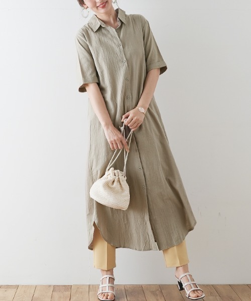 Futier land(フューティアランド)の「ハーフスリーブ開襟シャツワンピース(シャツワンピース・レディース・ホワイト/ブラック/ベージュ/カーキ/モカ/ピンク系その他/グレイッシュブルー/ホワイト系その他2/ブラック系その他2/ブラウン系その他2/ブルー系その他2/ピンク系その他2/カーキ系2・FREE/フリー)」の9枚目の写真