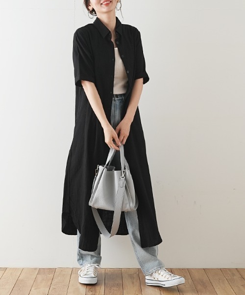 Futier land(フューティアランド)の「ハーフスリーブ開襟シャツワンピース(シャツワンピース・レディース・ホワイト/ブラック/ベージュ/カーキ/モカ/ピンク系その他/グレイッシュブルー/ホワイト系その他2/ブラック系その他2/ブラウン系その他2/ブルー系その他2/ピンク系その他2/カーキ系2・FREE/フリー)」の5枚目の写真