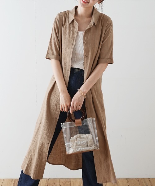 Futier land(フューティアランド)の「ハーフスリーブ開襟シャツワンピース(シャツワンピース・レディース・ホワイト/ブラック/ベージュ/カーキ/モカ/ピンク系その他/グレイッシュブルー/ホワイト系その他2/ブラック系その他2/ブラウン系その他2/ブルー系その他2/ピンク系その他2/カーキ系2・FREE/フリー)」の7枚目の写真