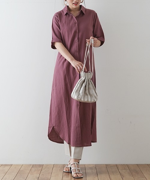 Futier land(フューティアランド)の「ハーフスリーブ開襟シャツワンピース(シャツワンピース・レディース・ホワイト/ブラック/ベージュ/カーキ/モカ/ピンク系その他/グレイッシュブルー/ホワイト系その他2/ブラック系その他2/ブラウン系その他2/ブルー系その他2/ピンク系その他2/カーキ系2・FREE/フリー)」の1枚目の写真