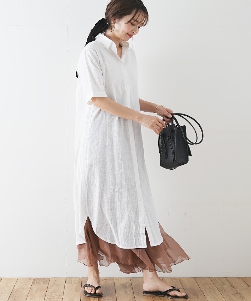 Futier land(フューティアランド)の「ハーフスリーブ開襟シャツワンピース(シャツワンピース・レディース・ホワイト/ブラック/ベージュ/カーキ/モカ/ピンク系その他/グレイッシュブルー/ホワイト系その他2/ブラック系その他2/ブラウン系その他2/ブルー系その他2/ピンク系その他2/カーキ系2・FREE/フリー)」の14枚目の写真