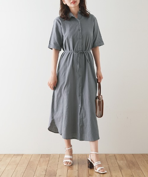 Futier land(フューティアランド)の「ハーフスリーブ開襟シャツワンピース(シャツワンピース・レディース・ホワイト/ブラック/ベージュ/カーキ/モカ/ピンク系その他/グレイッシュブルー/ホワイト系その他2/ブラック系その他2/ブラウン系その他2/ブルー系その他2/ピンク系その他2/カーキ系2・FREE/フリー)」の19枚目の写真