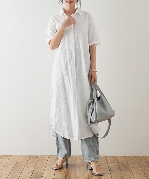 Futier land(フューティアランド)の「ハーフスリーブ開襟シャツワンピース(シャツワンピース・レディース・ホワイト/ブラック/ベージュ/カーキ/モカ/ピンク系その他/グレイッシュブルー/ホワイト系その他2/ブラック系その他2/ブラウン系その他2/ブルー系その他2/ピンク系その他2/カーキ系2・FREE/フリー)」の21枚目の写真