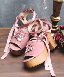 バラ刺繍木底風サンダル