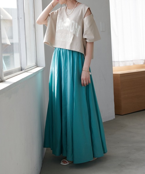 DISCOAT（ディスコート）の「カレッジロゴ肩開きショートTシャツ（Tシャツ/カットソー・レディース・チャコールグレー/ライトグレー/オフホワイト・FREE）」の22枚目の写真