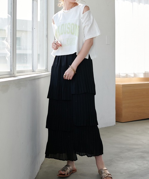 DISCOAT（ディスコート）の「カレッジロゴ肩開きショートTシャツ（Tシャツ/カットソー・レディース・チャコールグレー/ライトグレー/オフホワイト・FREE）」の7枚目の写真