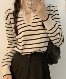 MAISON DE THERESE | 長袖ポロネックストライプニット(ポロシャツ)