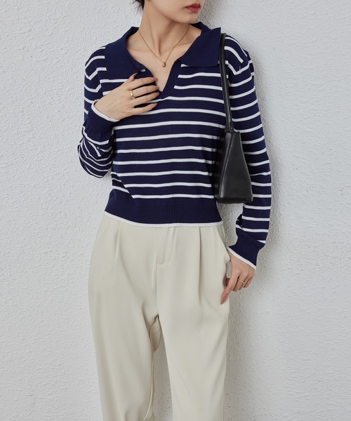 MAISON DE THERESE（メゾン ド テレーズ）の「長袖ポロネックストライプニット（ポロシャツ・レディース・ブラック/ベージュ/グリーン/ピンク/ネイビー・SMALL/MEDIUM/X-LARGE/LARGE）」の4枚目の写真