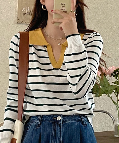 MAISON DE THERESE（メゾン ド テレーズ）の「長袖ポロネックストライプニット（ポロシャツ・レディース・ブラック/ベージュ/グリーン/ピンク/ネイビー・SMALL/MEDIUM/X-LARGE/LARGE）」の3枚目の写真