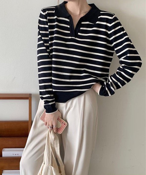 MAISON DE THERESE（メゾン ド テレーズ）の「長袖ポロネックストライプニット（ポロシャツ・レディース・ブラック/ベージュ/グリーン/ピンク/ネイビー・SMALL/MEDIUM/X-LARGE/LARGE）」の22枚目の写真