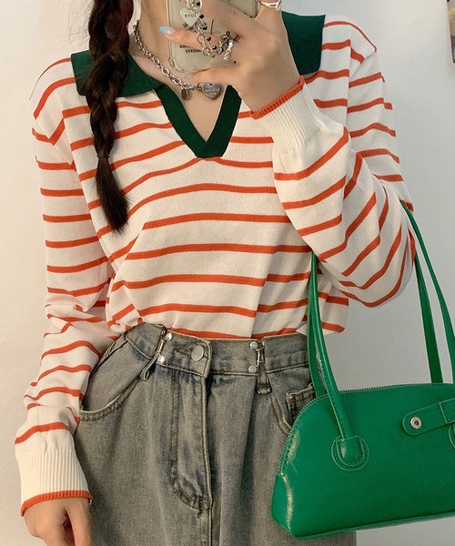 MAISON DE THERESE（メゾン ド テレーズ）の「長袖ポロネックストライプニット（ポロシャツ・レディース・ブラック/ベージュ/グリーン/ピンク/ネイビー・SMALL/MEDIUM/X-LARGE/LARGE）」の14枚目の写真