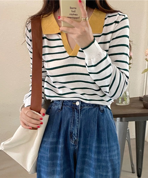 MAISON DE THERESE（メゾン ド テレーズ）の「長袖ポロネックストライプニット（ポロシャツ・レディース・ブラック/ベージュ/グリーン/ピンク/ネイビー・SMALL/MEDIUM/X-LARGE/LARGE）」の11枚目の写真