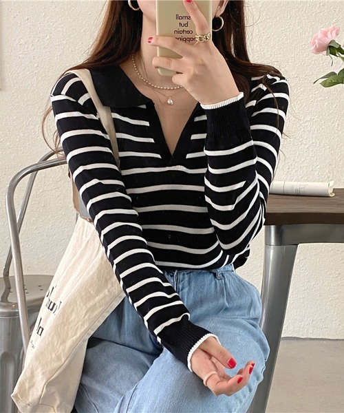 MAISON DE THERESE（メゾン ド テレーズ）の「長袖ポロネックストライプニット（ポロシャツ・レディース・ブラック/ベージュ/グリーン/ピンク/ネイビー・SMALL/MEDIUM/X-LARGE/LARGE）」の19枚目の写真