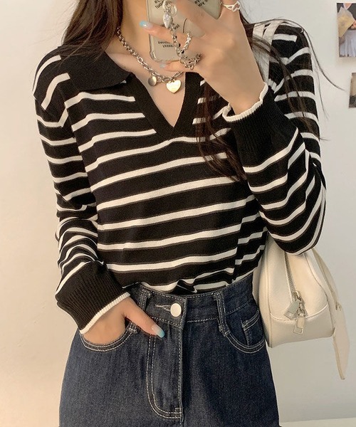 MAISON DE THERESE（メゾン ド テレーズ）の「長袖ポロネックストライプニット（ポロシャツ・レディース・ブラック/ベージュ/グリーン/ピンク/ネイビー・SMALL/MEDIUM/X-LARGE/LARGE）」の17枚目の写真