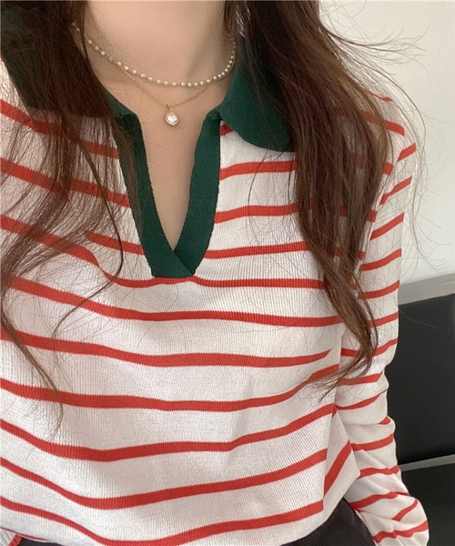 MAISON DE THERESE（メゾン ド テレーズ）の「長袖ポロネックストライプニット（ポロシャツ・レディース・ブラック/ベージュ/グリーン/ピンク/ネイビー・SMALL/MEDIUM/X-LARGE/LARGE）」の15枚目の写真