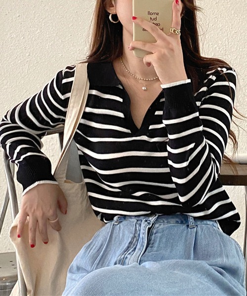 MAISON DE THERESE（メゾン ド テレーズ）の「長袖ポロネックストライプニット（ポロシャツ・レディース・ブラック/ベージュ/グリーン/ピンク/ネイビー・SMALL/MEDIUM/X-LARGE/LARGE）」の20枚目の写真