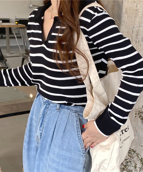 MAISON DE THERESE（メゾン ド テレーズ）の「長袖ポロネックストライプニット（ポロシャツ・レディース・ブラック/ベージュ/グリーン/ピンク/ネイビー・SMALL/MEDIUM/X-LARGE/LARGE）」の21枚目の写真