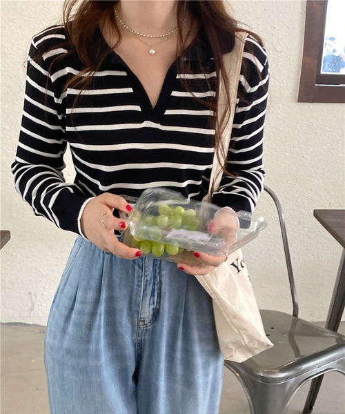 MAISON DE THERESE（メゾン ド テレーズ）の「長袖ポロネックストライプニット（ポロシャツ・レディース・ブラック/ベージュ/グリーン/ピンク/ネイビー・SMALL/MEDIUM/X-LARGE/LARGE）」の18枚目の写真