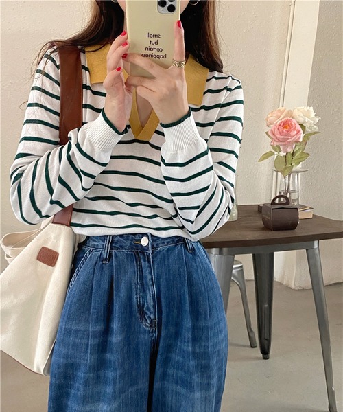 MAISON DE THERESE（メゾン ド テレーズ）の「長袖ポロネックストライプニット（ポロシャツ・レディース・ブラック/ベージュ/グリーン/ピンク/ネイビー・SMALL/MEDIUM/X-LARGE/LARGE）」の13枚目の写真