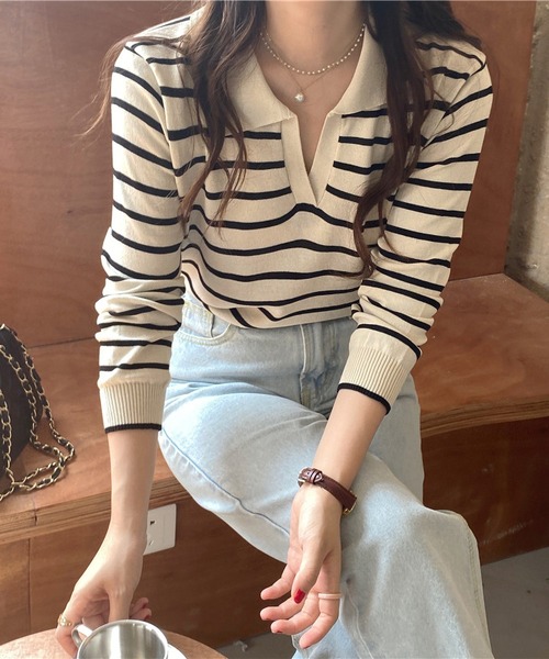 MAISON DE THERESE（メゾン ド テレーズ）の「長袖ポロネックストライプニット（ポロシャツ・レディース・ブラック/ベージュ/グリーン/ピンク/ネイビー・SMALL/MEDIUM/X-LARGE/LARGE）」の7枚目の写真