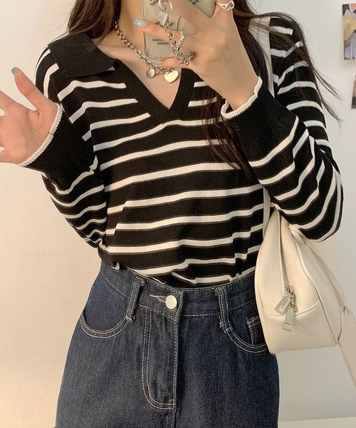 MAISON DE THERESE（メゾン ド テレーズ）の「長袖ポロネックストライプニット（ポロシャツ・レディース・ブラック/ベージュ/グリーン/ピンク/ネイビー・SMALL/MEDIUM/X-LARGE/LARGE）」の16枚目の写真