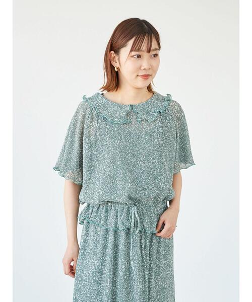 Green　Parks（グリーンパークス）の「襟フリル小花柄5分袖ブラウス＊（シャツ/ブラウス・レディース・ブルー/グリーン・FREE）」の12枚目の写真