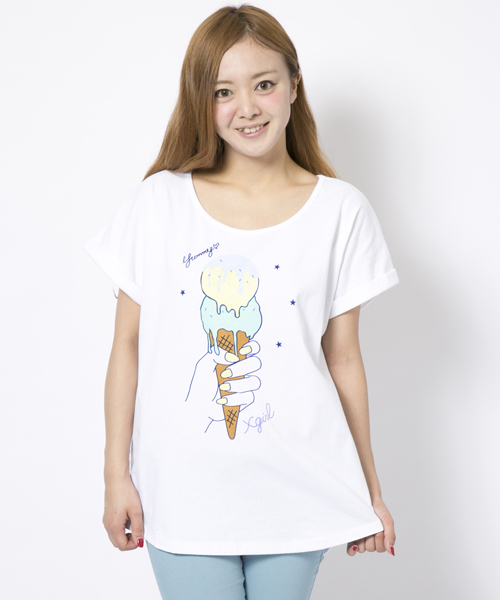 X-girl(エックスガール)の「【SEDA6月号掲載】ICE CREAM S/S TOP(Tシャツ/カットソー・レディース・ホワイト/ブラック/ピンク/ネイビー・1/2)」の2枚目の写真
