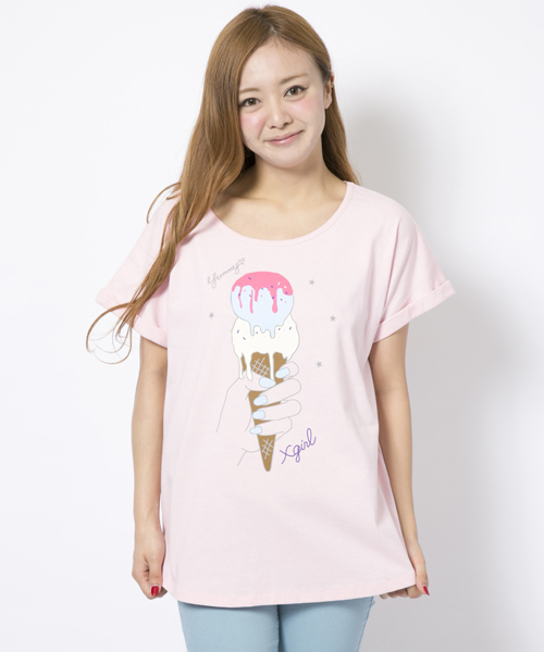 X-girl(エックスガール)の「【SEDA6月号掲載】ICE CREAM S/S TOP(Tシャツ/カットソー・レディース・ホワイト/ブラック/ピンク/ネイビー・1/2)」の4枚目の写真