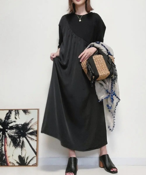 aunt lily（アントリリー）の「ヴィンテージサテン バイヤス切替 ワンピース | サテンワンピース アシンメトリー 異素材（ワンピース・レディース・ブラック/ライトカーキ・11号/9号/13号/15号/7号）」の9枚目の写真