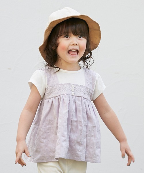 petit main(プティマイン)の「胸レースドッキングT(Tシャツ/カットソー・キッズ・ラベンダー/マルチ/エメラルド・80cm/110cm/120cm/90cm/100cm/130cm)」の3枚目の写真