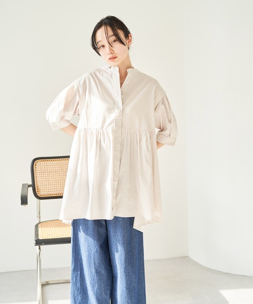 VIS（ビス）の「ストライプ/無地タイプライターチュニックブラウス（シャツ/ブラウス・レディース・ブラック/ホワイト/ベージュ系その他/ブルー系その他4/ピンク/ホワイト系その他・FREE）」の12枚目の写真