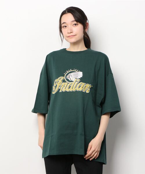 INDIAN(インディアン)の「『INDIAN』刺繍+プリント オーバーサイズTシャツ(Tシャツ/カットソー・レディース・ホワイト/ダークグリーン/ブルーグレー・LARGE/MEDIUM)」の3枚目の写真